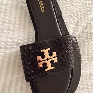 Tory Burch Black Crystal Slide Sandals with Gold Logo